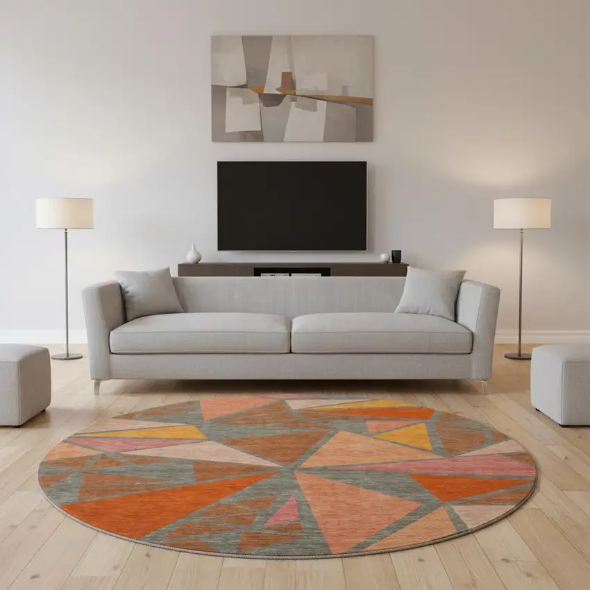 8' Rust Orange And Salmon Geometric Washable Round Rug With UV Protection Photo 2