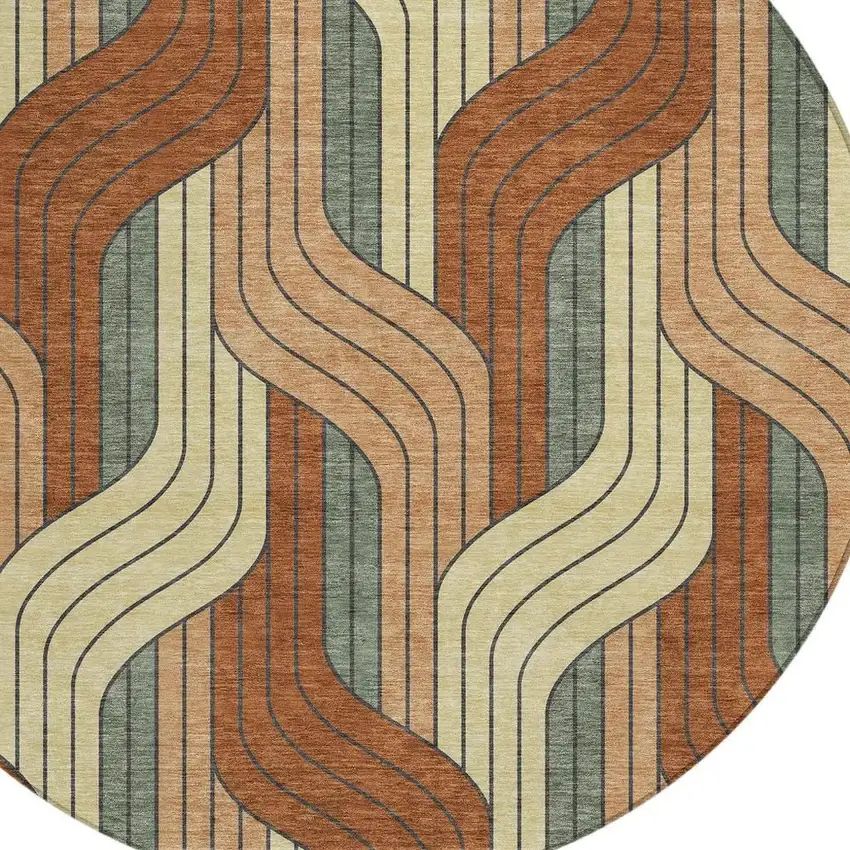 8' Rust Orange And Wheat Round Striped Washable Indoor Outdoor Area Rug Photo 2
