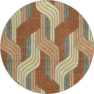 Photo of 8' Rust Orange And Wheat Round Striped Washable Indoor Outdoor Area Rug