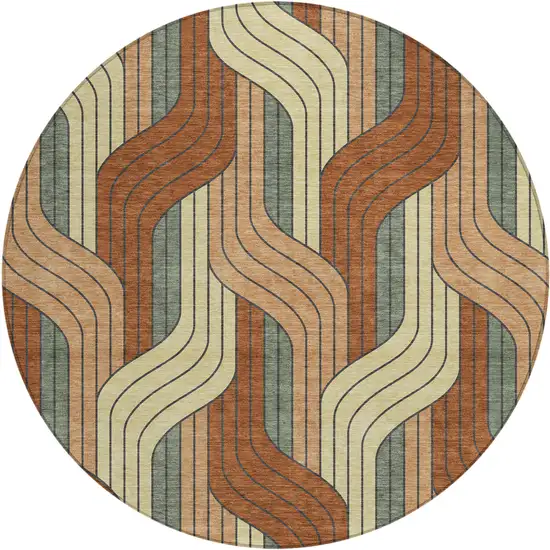 8' Rust Orange And Wheat Round Striped Washable Indoor Outdoor Area Rug Photo 1