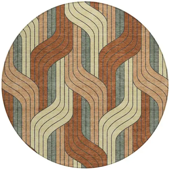 8' Rust Orange And Wheat Round Striped Washable Indoor Outdoor Area Rug Photo 3