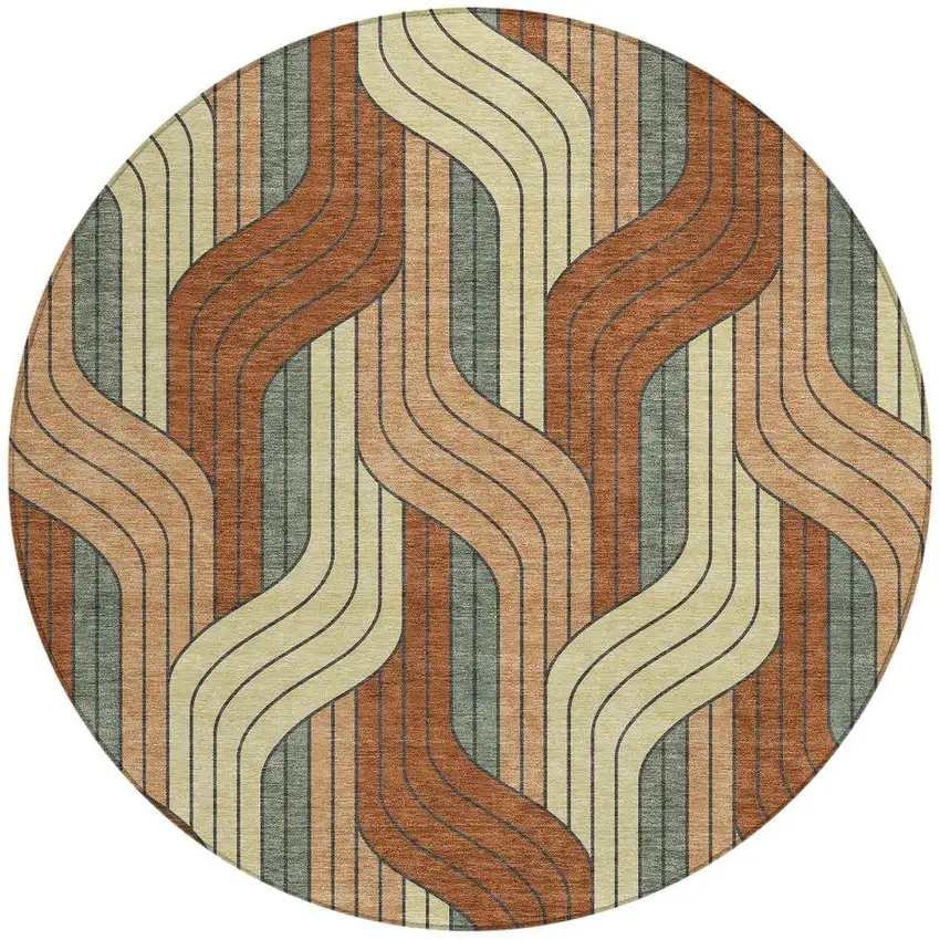 8' Rust Orange And Wheat Round Striped Washable Indoor Outdoor Area Rug Photo 3