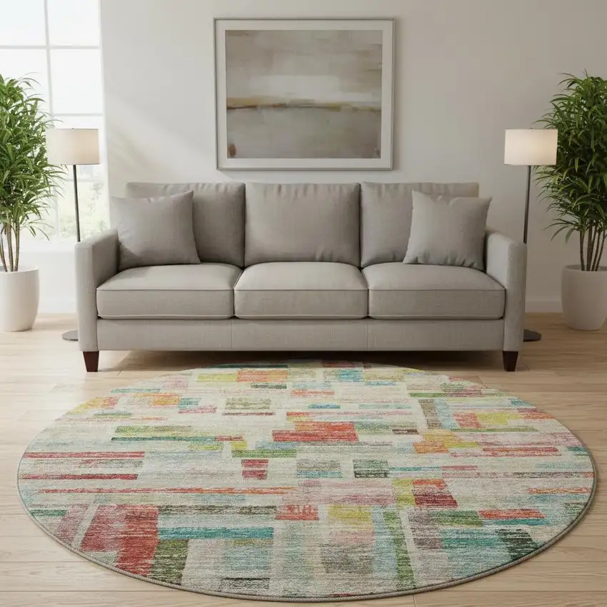 8' Rust Orange Green And Teal Striped Washable Round Rug With UV Protection Photo 2