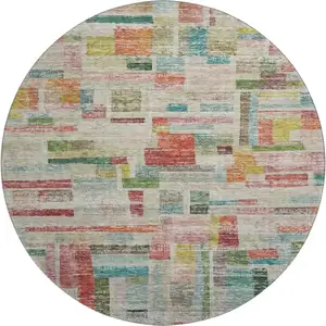 Photo of 8' Rust Orange Green And Teal Striped Washable Round Rug With UV Protection