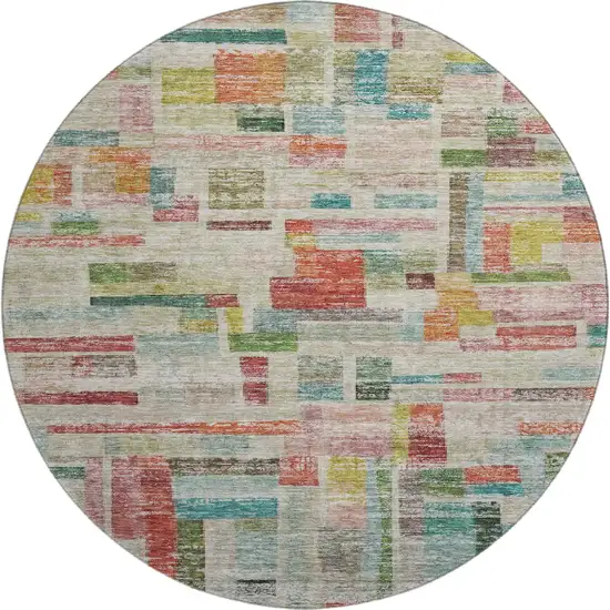 8' Rust Orange Green And Teal Striped Washable Round Rug With UV Protection Photo 1