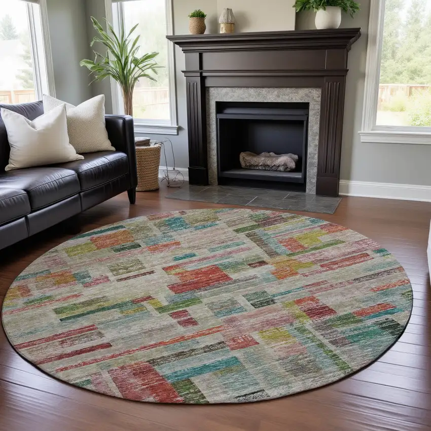 8' Rust Orange Green And Teal Striped Washable Round Rug With UV Protection Photo 4