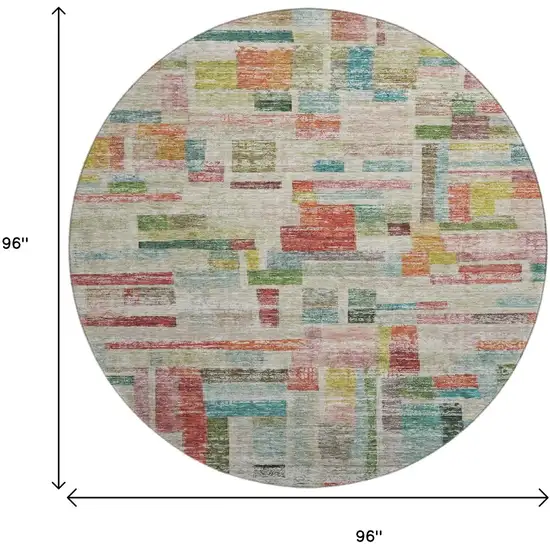8' Rust Orange Green And Teal Striped Washable Round Rug With UV Protection Photo 9