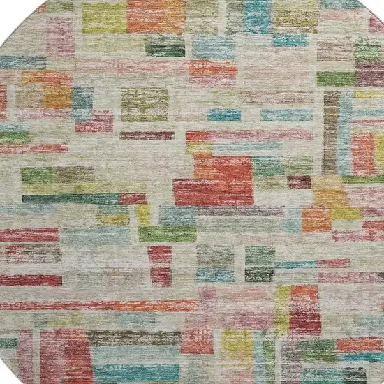 8' Rust Orange Green And Teal Striped Washable Round Rug With UV Protection Photo 2