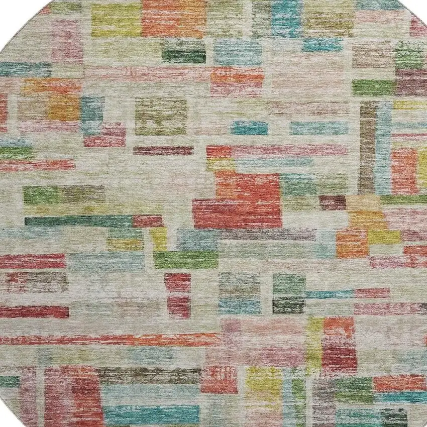 8' Rust Orange Green And Teal Striped Washable Round Rug With UV Protection Photo 2