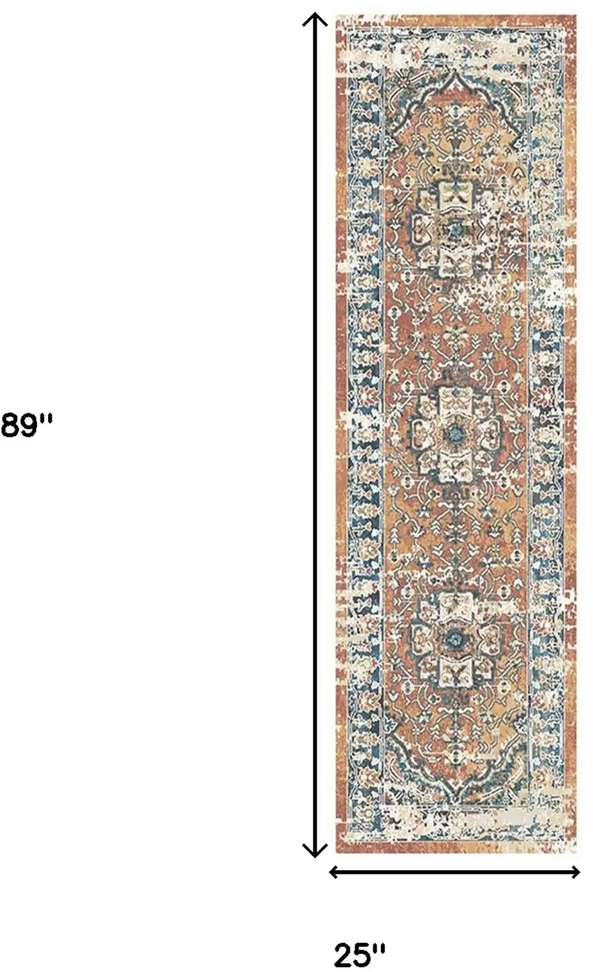 8' Rust Oriental Distressed Runner Rug With Fringe Photo 5