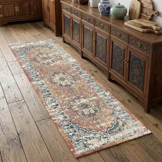 8' Rust Oriental Distressed Runner Rug With Fringe Photo 1