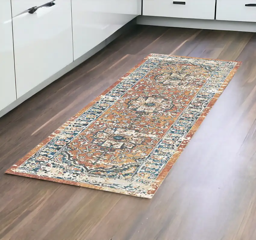 8' Rust Oriental Distressed Runner Rug With Fringe Photo 1