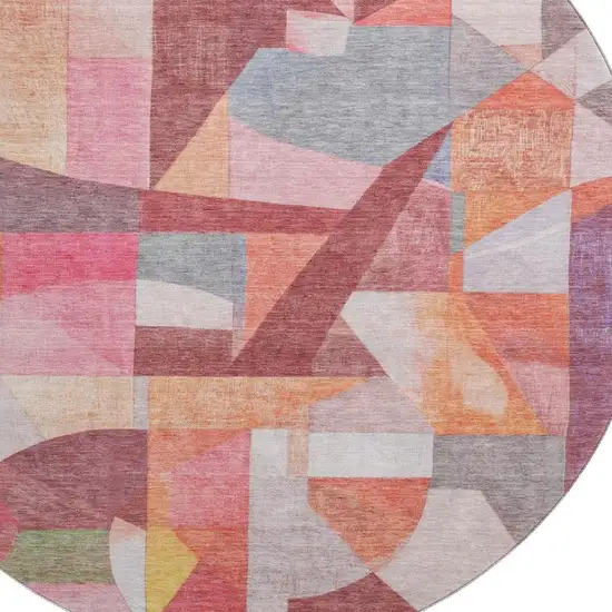 8' Rust Pink And Purple Abstract Washable Round Rug With UV Protection Photo 2