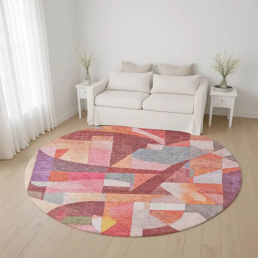 8' Rust Pink And Purple Abstract Washable Round Rug With UV Protection Photo 4