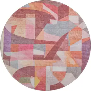 Photo of 8' Rust Pink And Purple Abstract Washable Round Rug With UV Protection