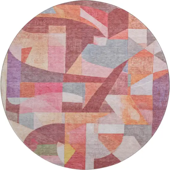 8' Rust Pink And Purple Abstract Washable Round Rug With UV Protection Photo 1
