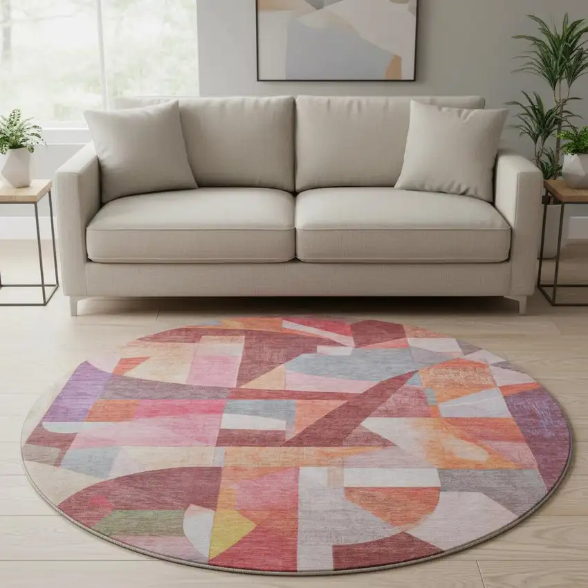 8' Rust Pink And Purple Abstract Washable Round Rug With UV Protection Photo 2