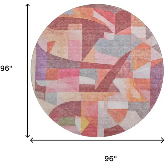 8' Rust Pink And Purple Abstract Washable Round Rug With UV Protection Photo 9