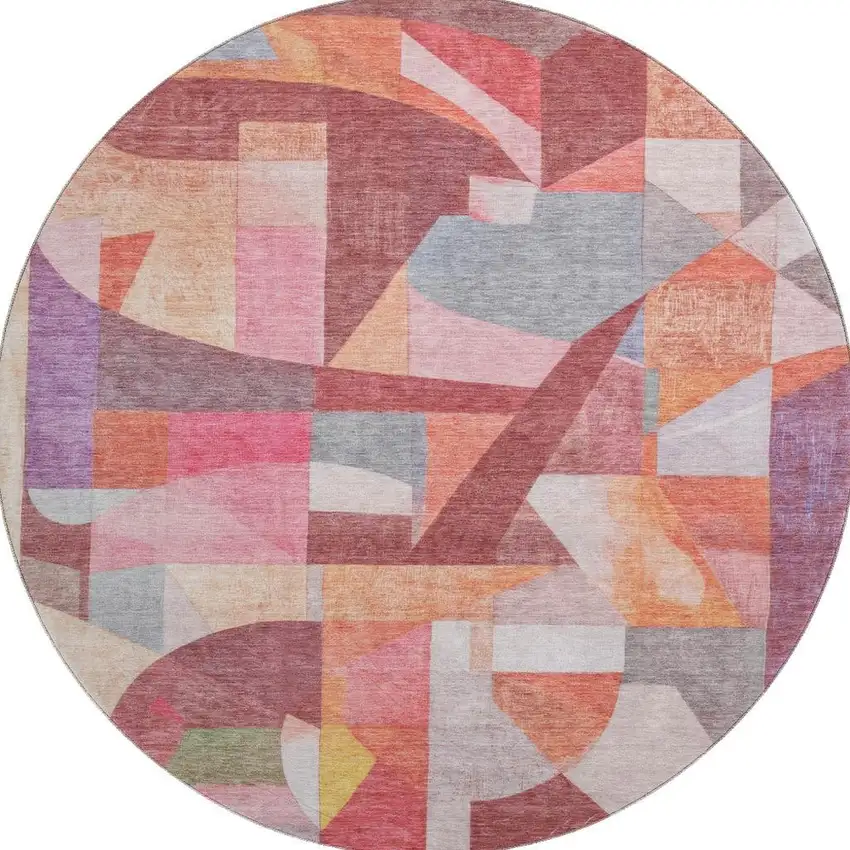 8' Rust Pink And Purple Abstract Washable Round Rug With UV Protection Photo 4