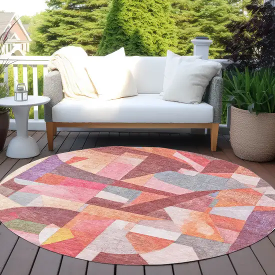 8' Rust Pink Ivory And Purple Round Abstract Washable Indoor Outdoor Area Rug Photo 6
