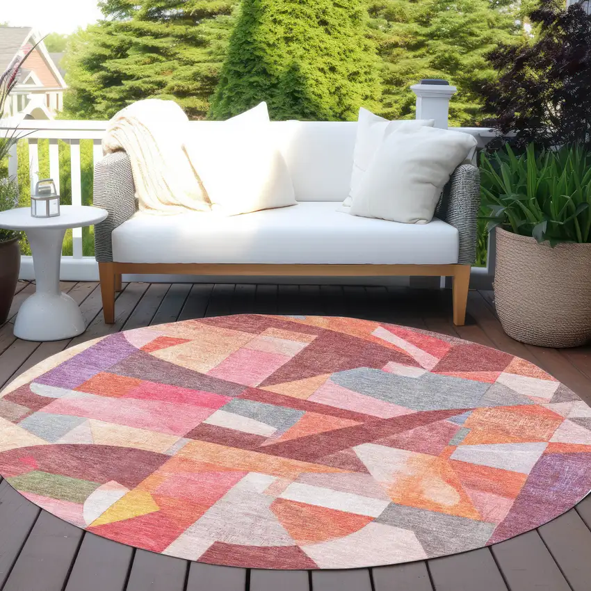 8' Rust Pink Ivory And Purple Round Abstract Washable Indoor Outdoor Area Rug Photo 6
