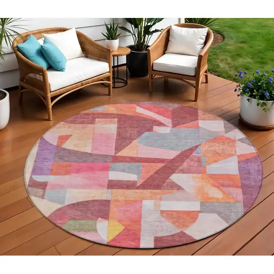 8' Rust Pink Ivory And Purple Round Abstract Washable Indoor Outdoor Area Rug Photo 2