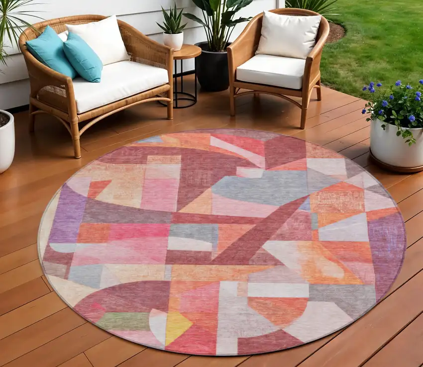 8' Rust Pink Ivory And Purple Round Abstract Washable Indoor Outdoor Area Rug Photo 2
