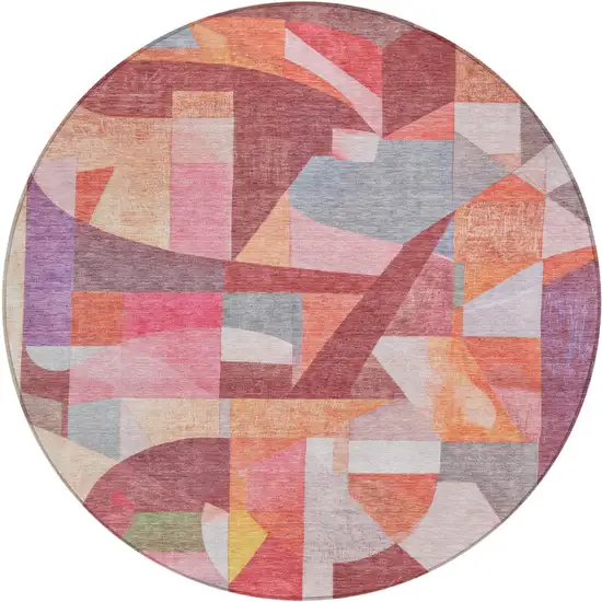 8' Rust Pink Ivory And Purple Round Abstract Washable Indoor Outdoor Area Rug Photo 1