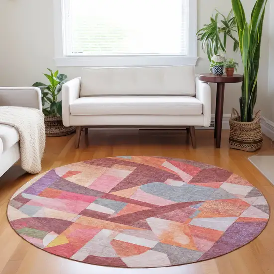 8' Rust Pink Ivory And Purple Round Abstract Washable Indoor Outdoor Area Rug Photo 7