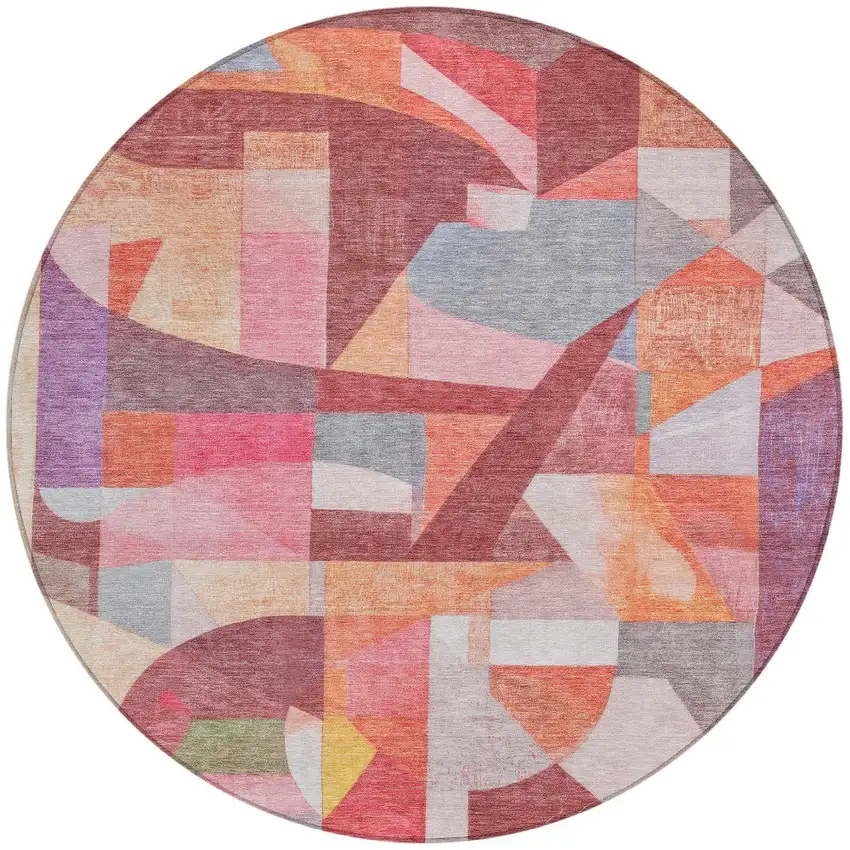 8' Rust Pink Ivory And Purple Round Abstract Washable Indoor Outdoor Area Rug Photo 3