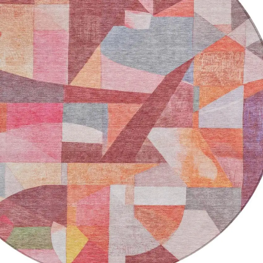 8' Rust Pink Ivory And Purple Round Abstract Washable Indoor Outdoor Area Rug Photo 4