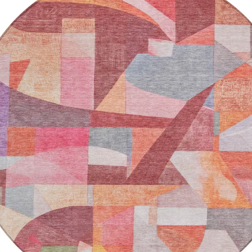 8' Rust Pink Ivory And Purple Round Abstract Washable Indoor Outdoor Area Rug Photo 9