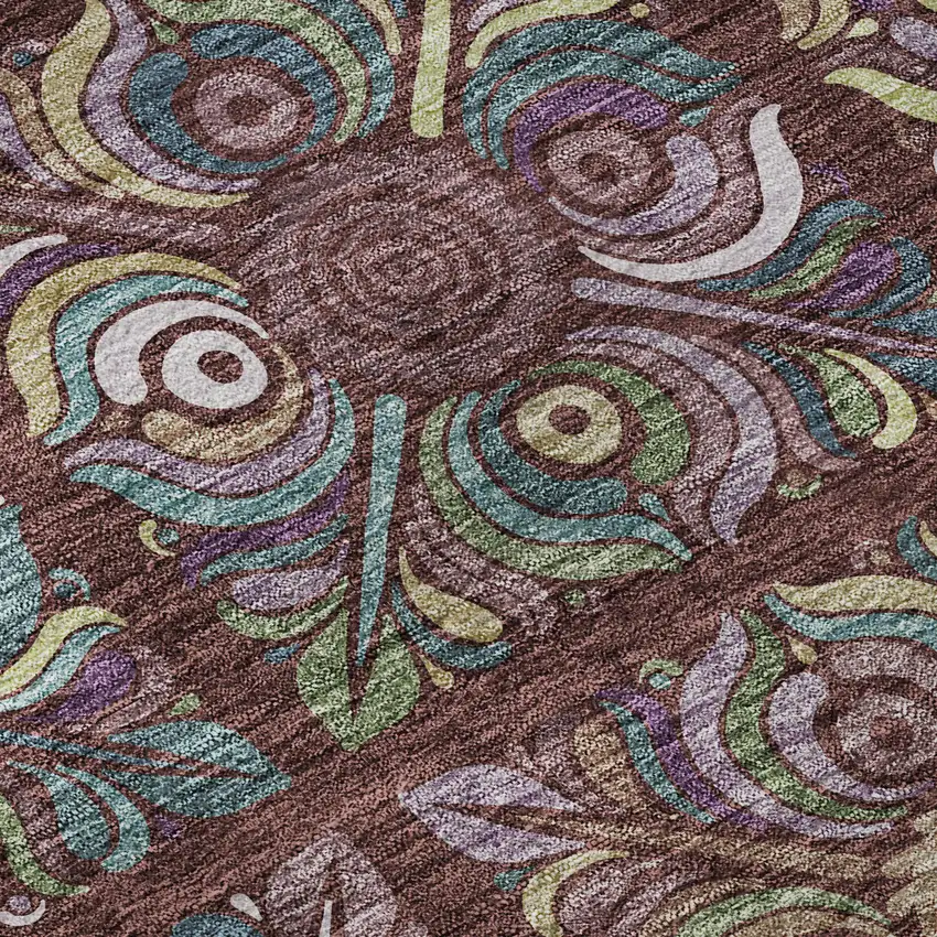 8' Rust Purple And Teal Medallion Washable Round Rug With UV Protection Photo 9