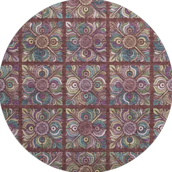 8' Rust Purple And Teal Medallion Washable Round Rug With UV Protection Photo 4