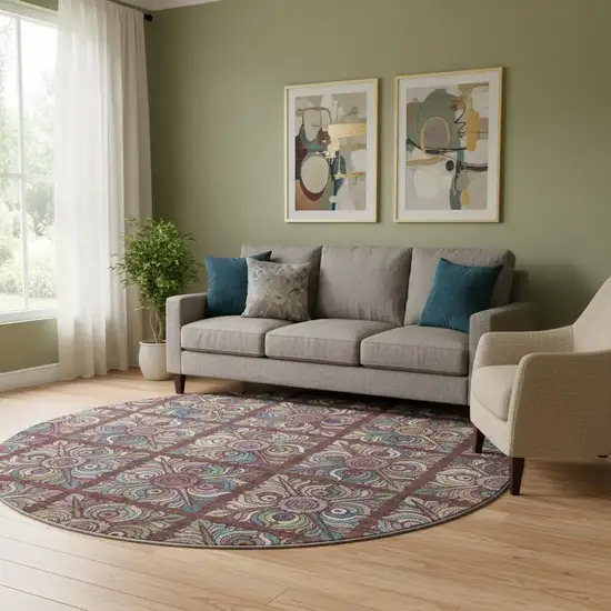 8' Rust Purple And Teal Medallion Washable Round Rug With UV Protection Photo 1
