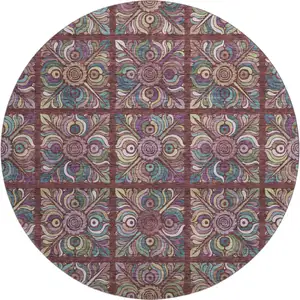 Photo of 8' Rust Purple And Teal Medallion Washable Round Rug With UV Protection