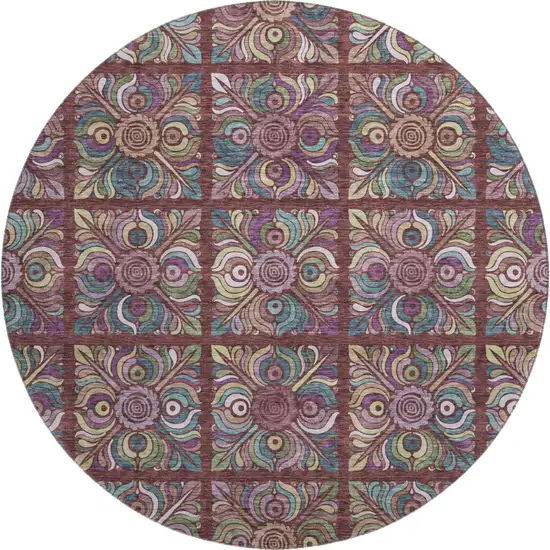 8' Rust Purple And Teal Medallion Washable Round Rug With UV Protection Photo 1