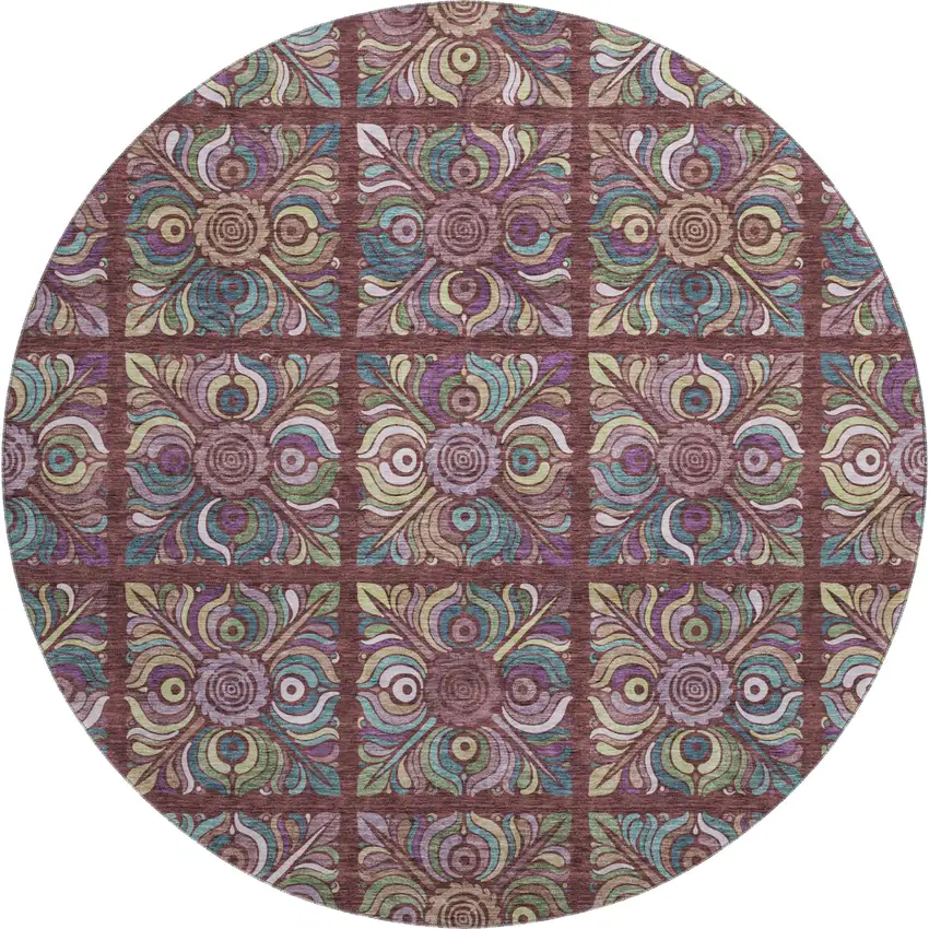 8' Rust Purple And Teal Medallion Washable Round Rug With UV Protection Photo 1