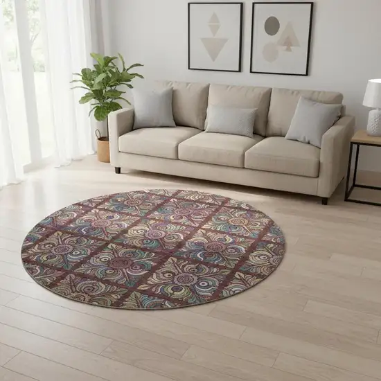 8' Rust Purple And Teal Medallion Washable Round Rug With UV Protection Photo 2