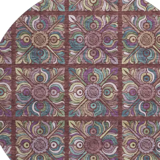 8' Rust Purple And Teal Medallion Washable Round Rug With UV Protection Photo 3