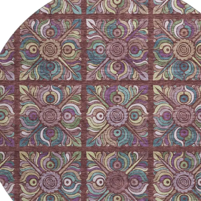 8' Rust Purple And Teal Medallion Washable Round Rug With UV Protection Photo 3