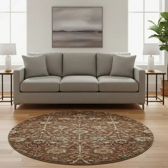 8' Rust Red And Beige Floral Washable Round Rug With UV Protection Photo 2