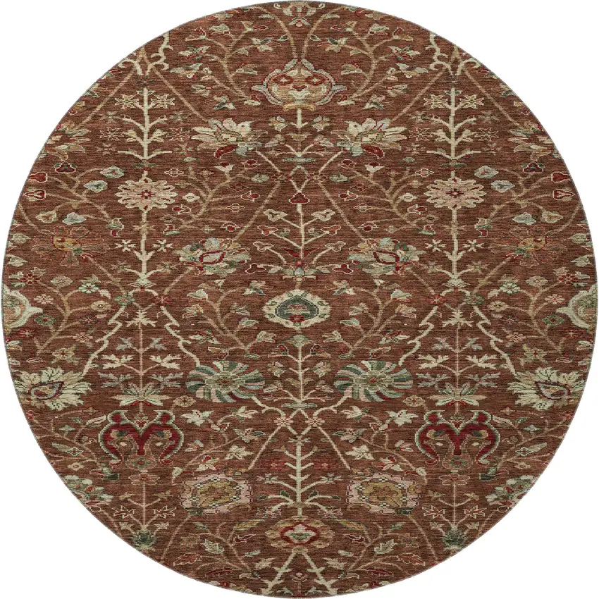 8' Rust Red And Beige Floral Washable Round Rug With UV Protection Photo 3