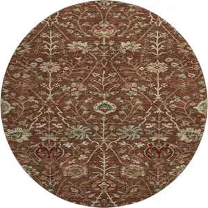 Photo of 8' Rust Red And Beige Floral Washable Round Rug With UV Protection