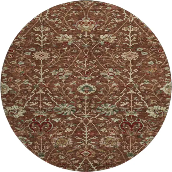 8' Rust Red And Beige Floral Washable Round Rug With UV Protection Photo 1