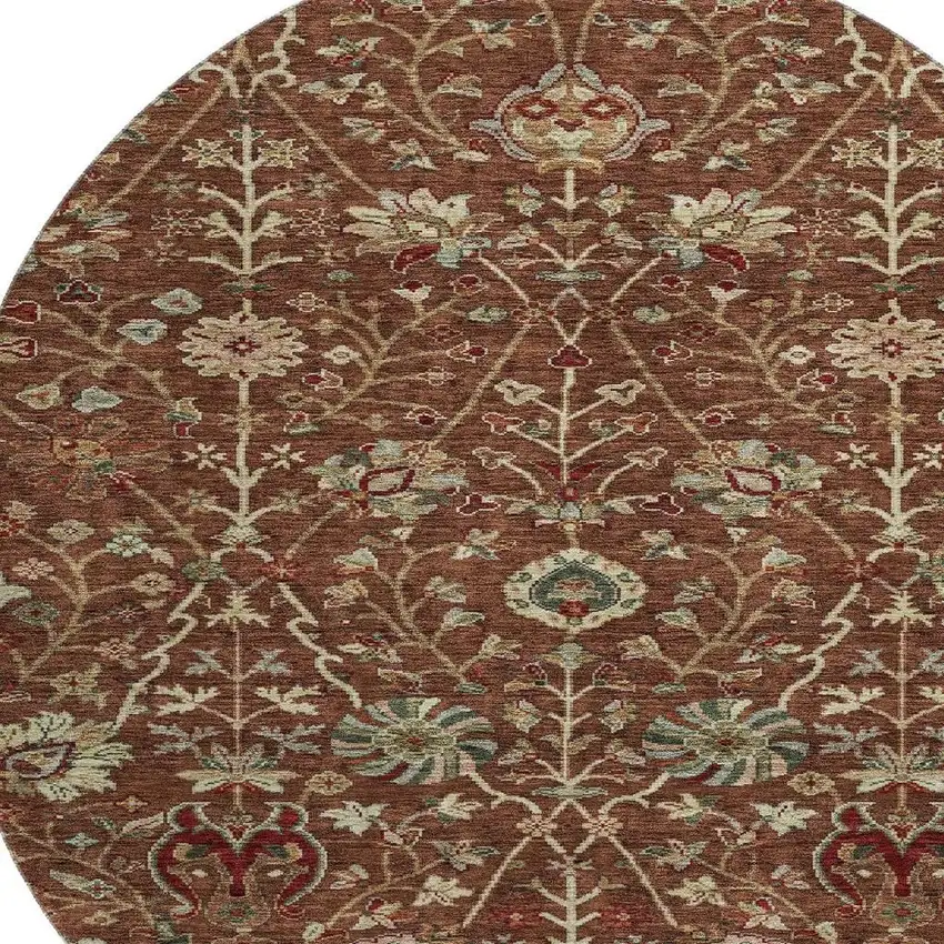 8' Rust Red And Beige Floral Washable Round Rug With UV Protection Photo 2