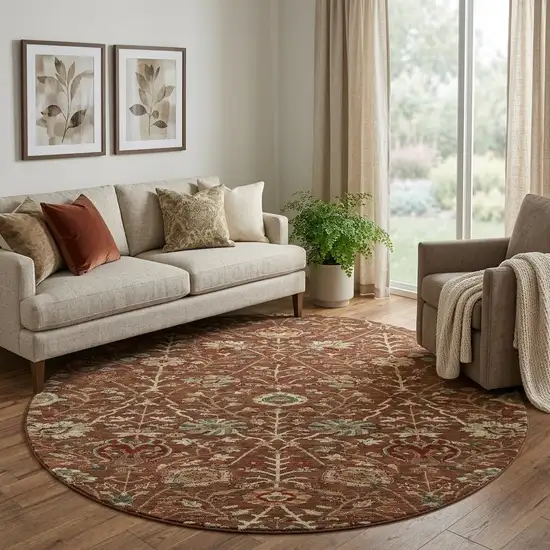 8' Rust Red And Beige Floral Washable Round Rug With UV Protection Photo 1