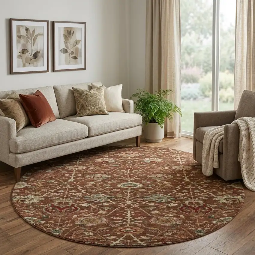 8' Rust Red And Beige Floral Washable Round Rug With UV Protection Photo 1