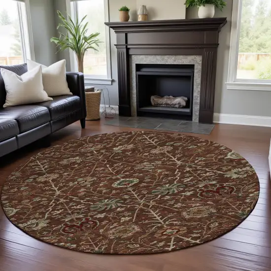 8' Rust Red And Beige Floral Washable Round Rug With UV Protection Photo 4