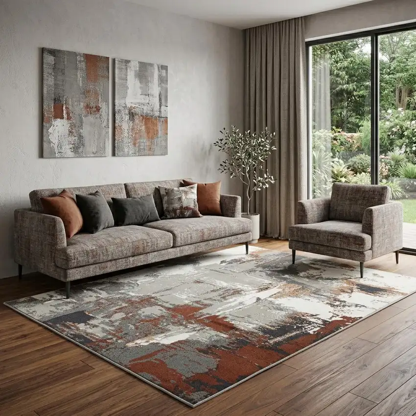 8' Ivory Gray and Rust Abstract Power Loom Round Rug Photo 1